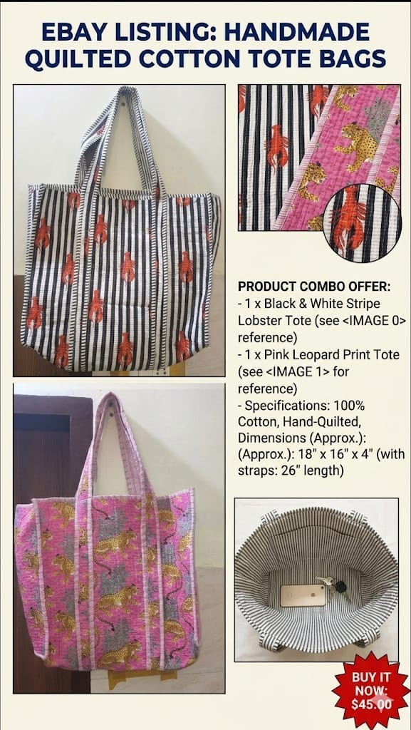 Handmade Quilted Cotton Tote Bag Set Leopard & Lobster Print Beach Shoper 2 item