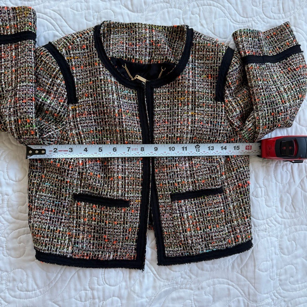 Trina Turk Multicolor Tweed Black Trim Cropped Career Blazer Jacket Womens 0 EUC
