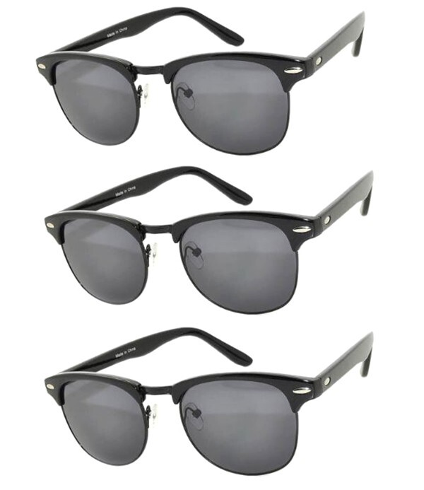 Set of 3 Classic Half Frame Semi Rimless Horn Rim Sunglasses Rimmed Black Smoke