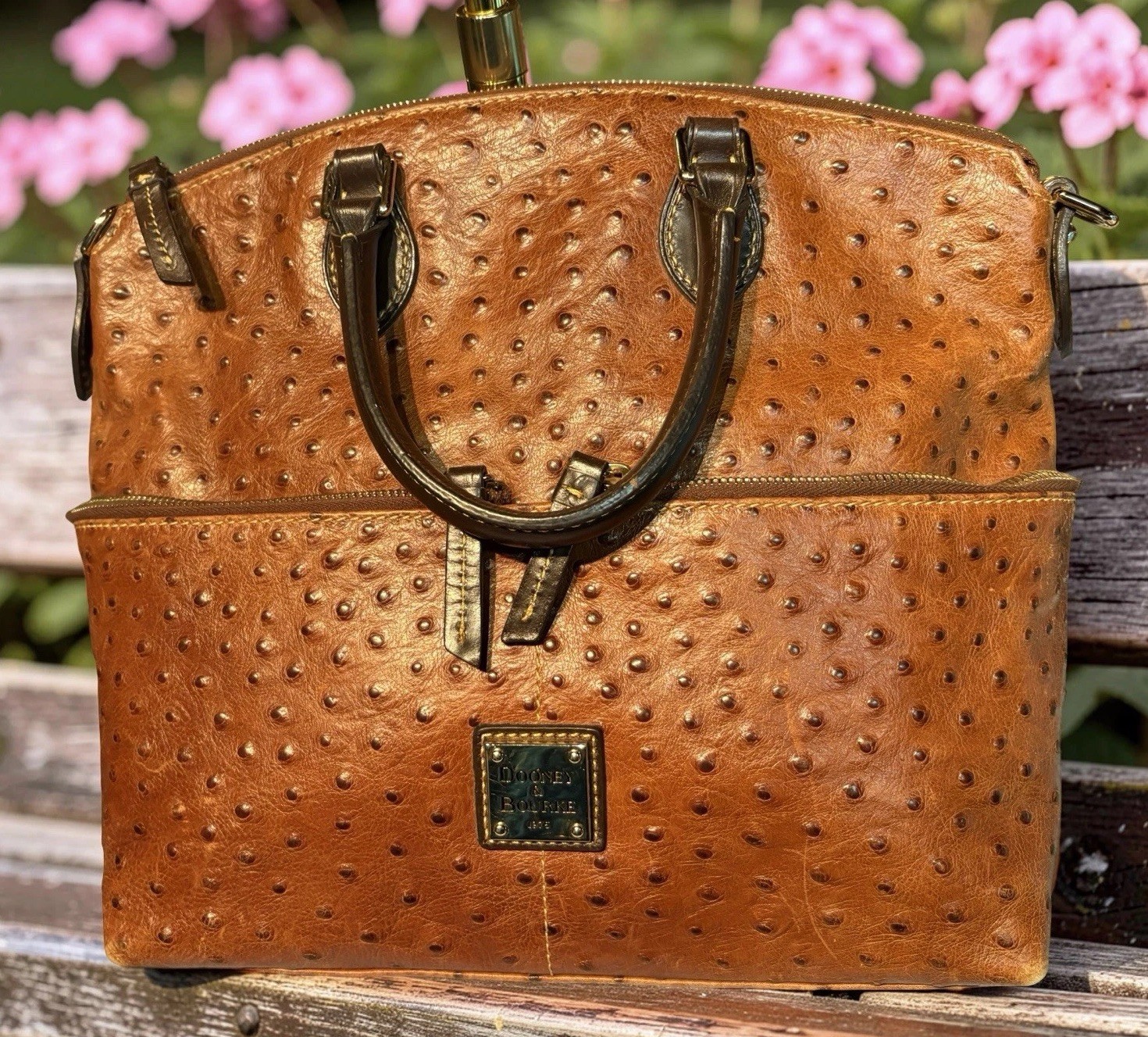 Dooney Bourke Chestnut Brown Ostrich Embossed Leather Front Pocket Satchel Tote