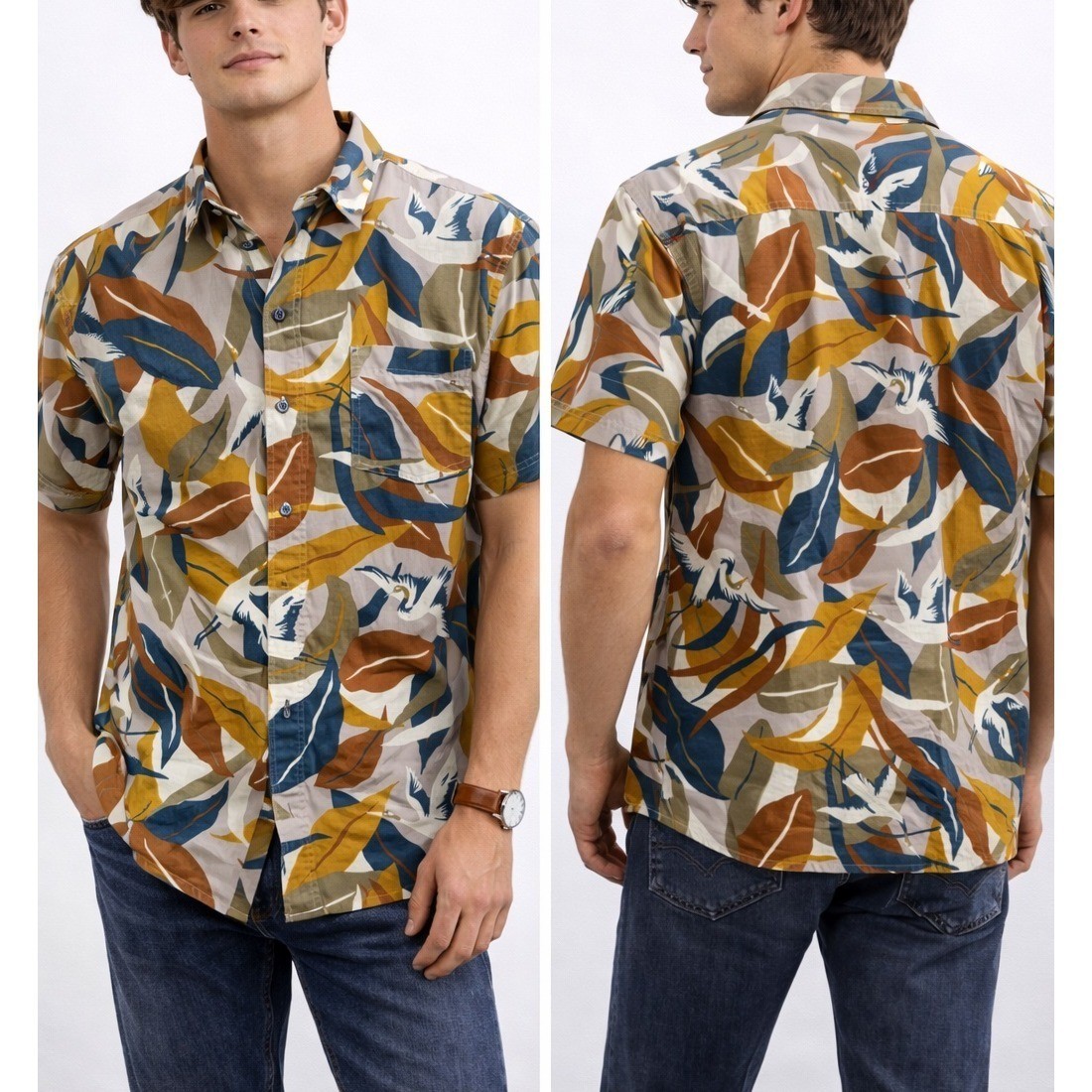 Sherpa Adventure Gear Men Jangbu Shirt Caramel Sarus Crane Himalayan Bird Print