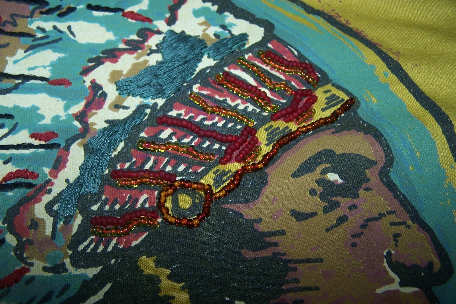 DOUBLE D RANCH L Indian WARRIOR Embroidered Beaded Graphic Western Tee Shirt EUC