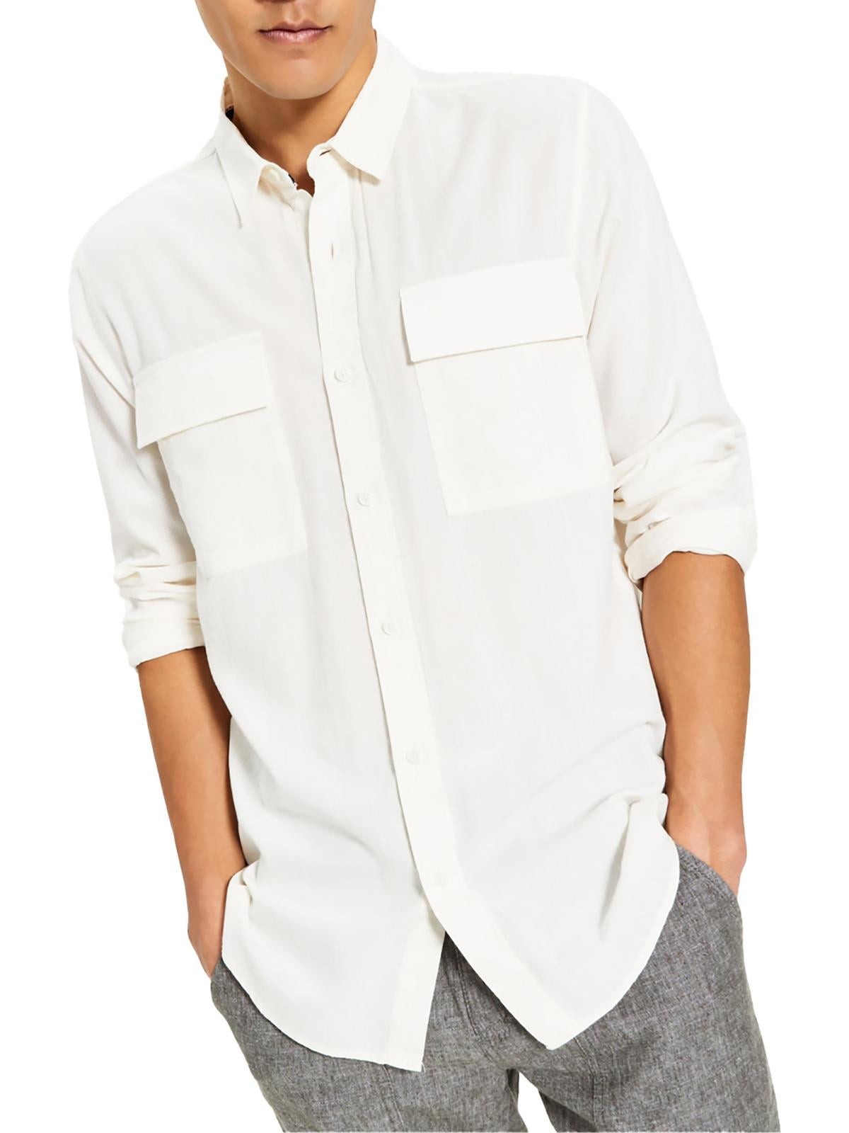 Sun + Stone Mens Textured Collared Cotton Button-Down Shirt Size L White $55