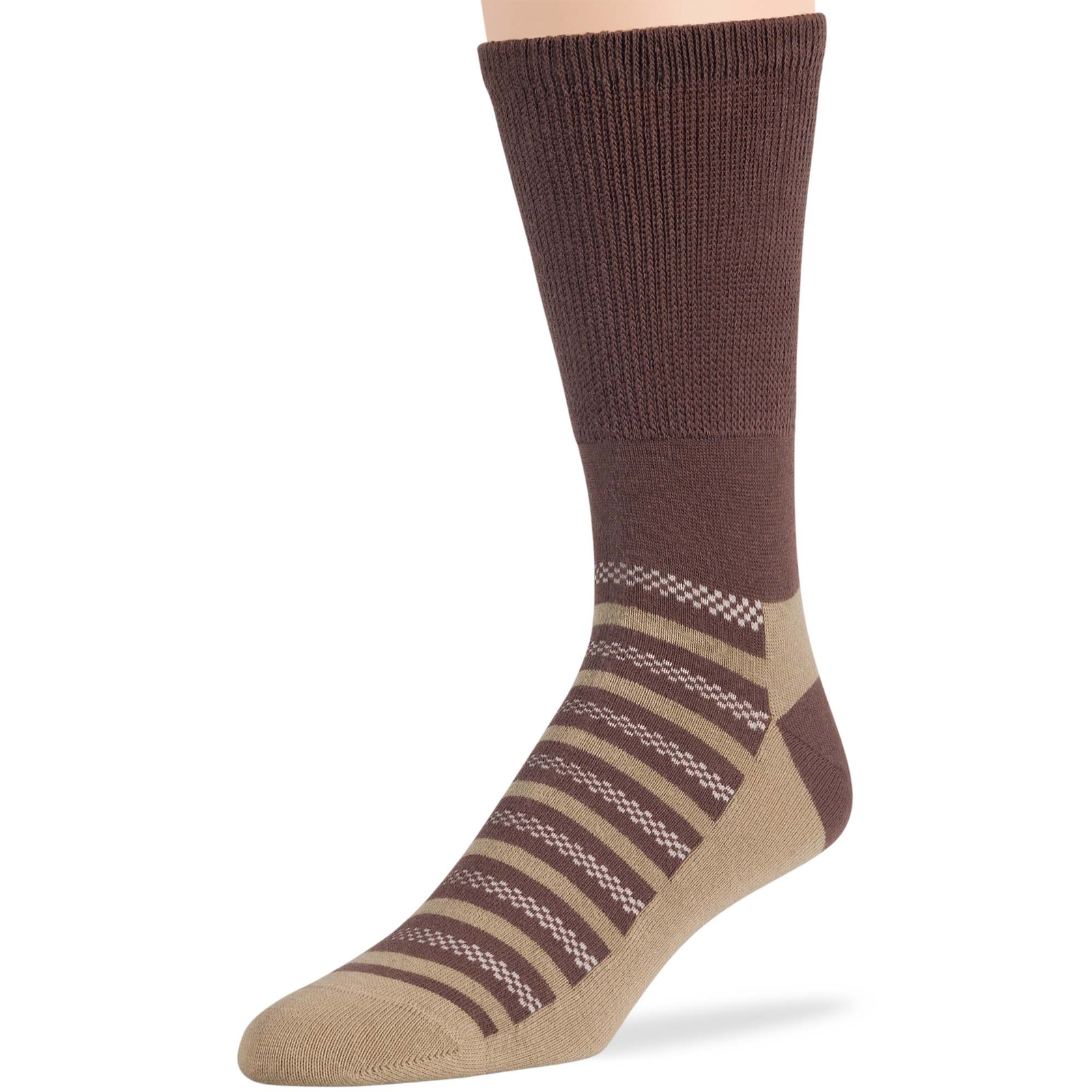 Men Diabetic Wide Cotton Crew Sock 5 Pack Large-Stripe Khaki, Brown, Beige