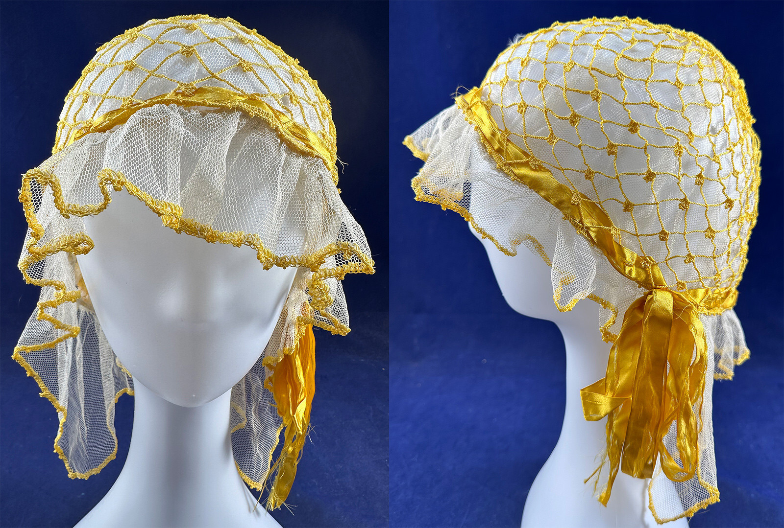 Vintage White Tulle Net Ruffle Yellow Crochet Snood Silk Ribbon Boudoir Bed Cap