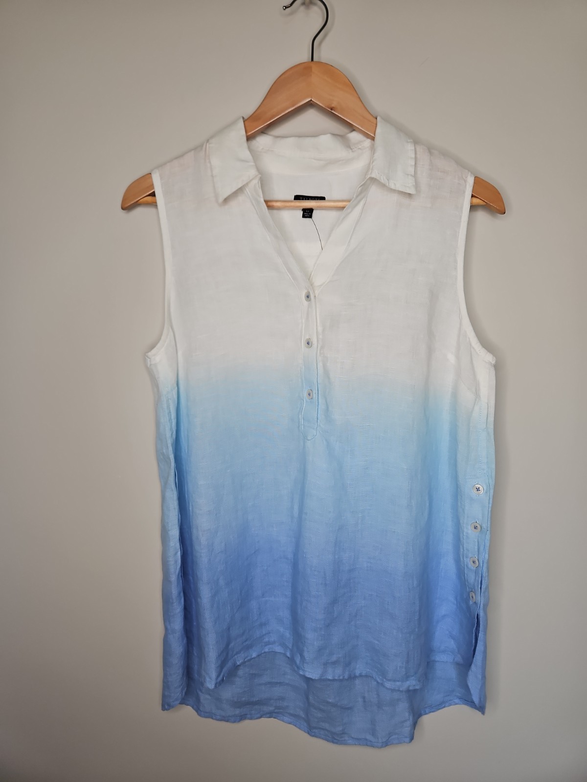 Talbots Popover Tunic Top LP Blue White Linen Side Button Dip Dye Coastal Beach