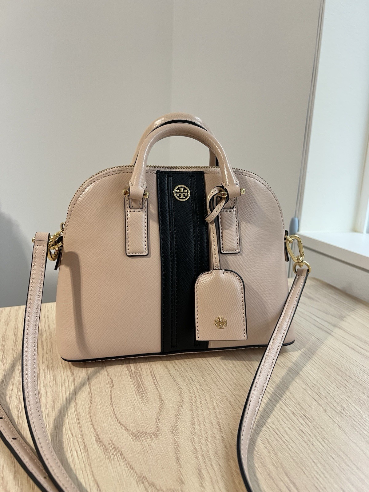 Tory Burch Robinson Mini Dome Bag – Tan/Pink With Black