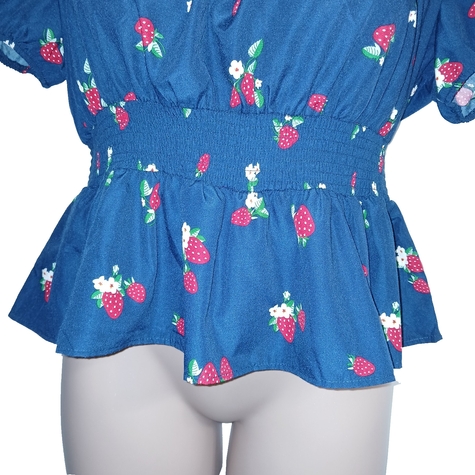 Hesperus Women Strawberry Peplum Top 3X Blue Fruit Floral Smocking Cottagecore