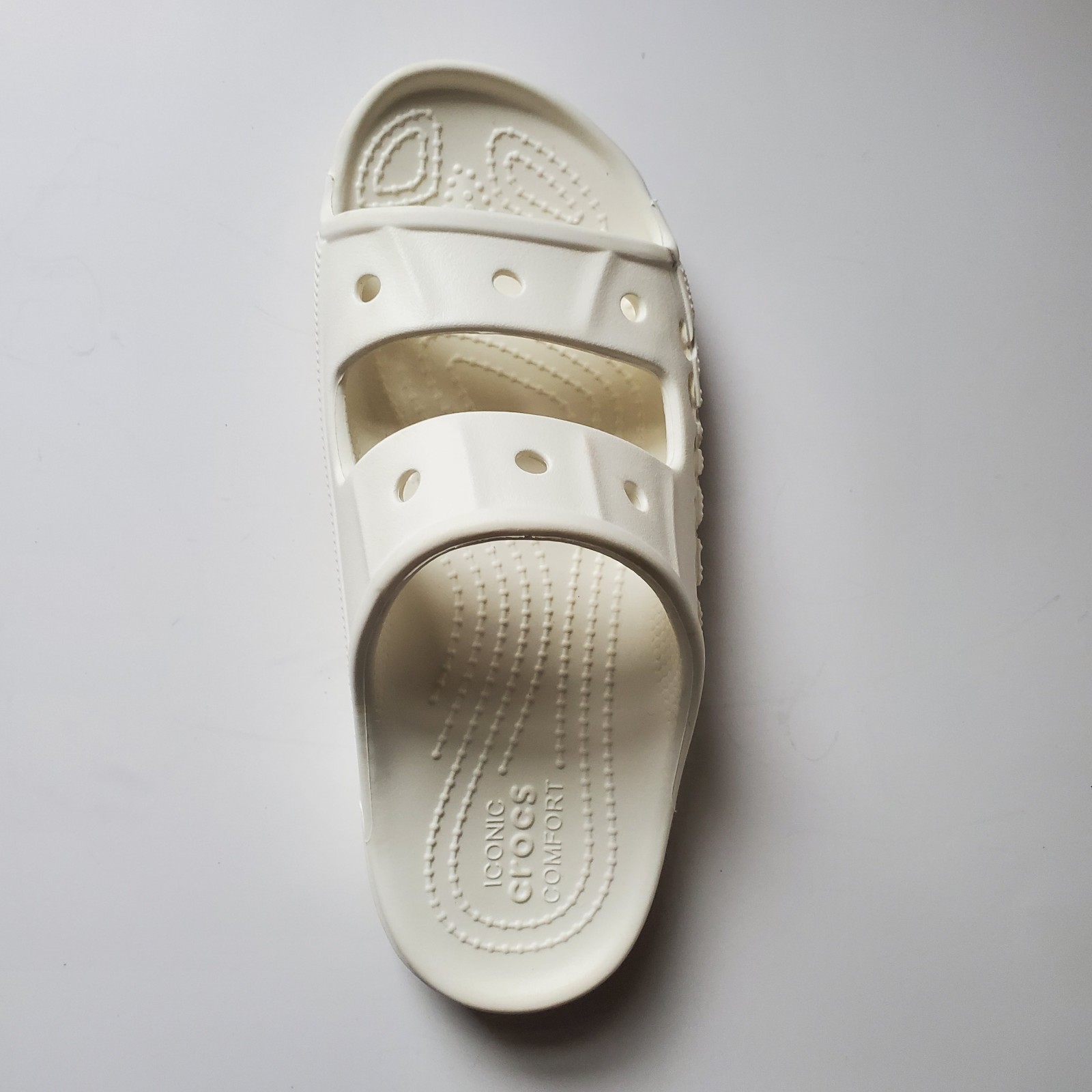 Crocs Baya Slide Sandals Unisex Women 7 Men 5 Spellout Slip-On White Two 2 Strap