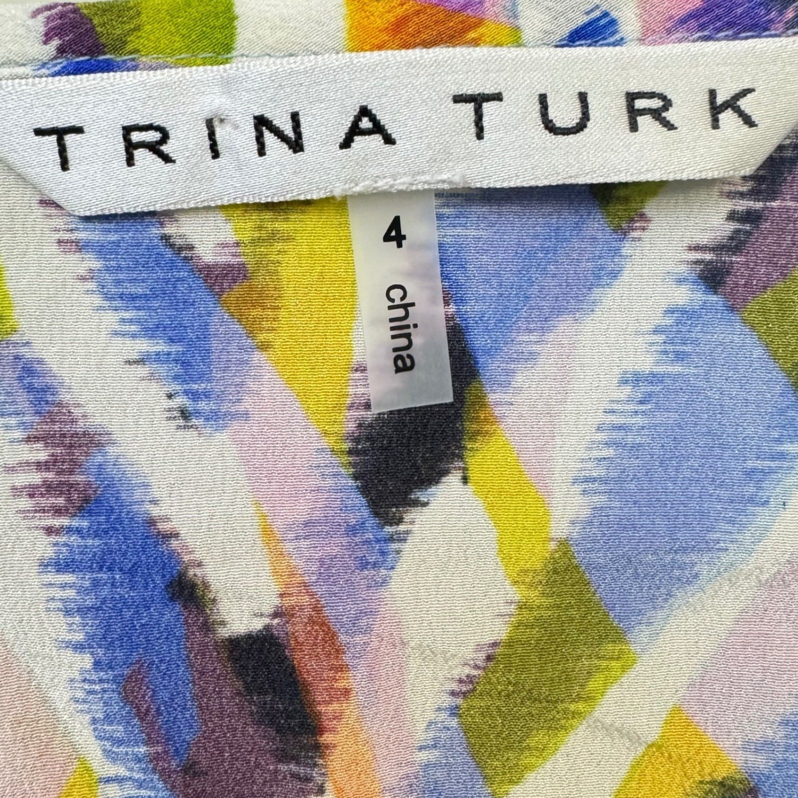 Trina Turk 100% Silk Caftan Top 4 Batwing Multicolor Crochet Trim Boho Resort