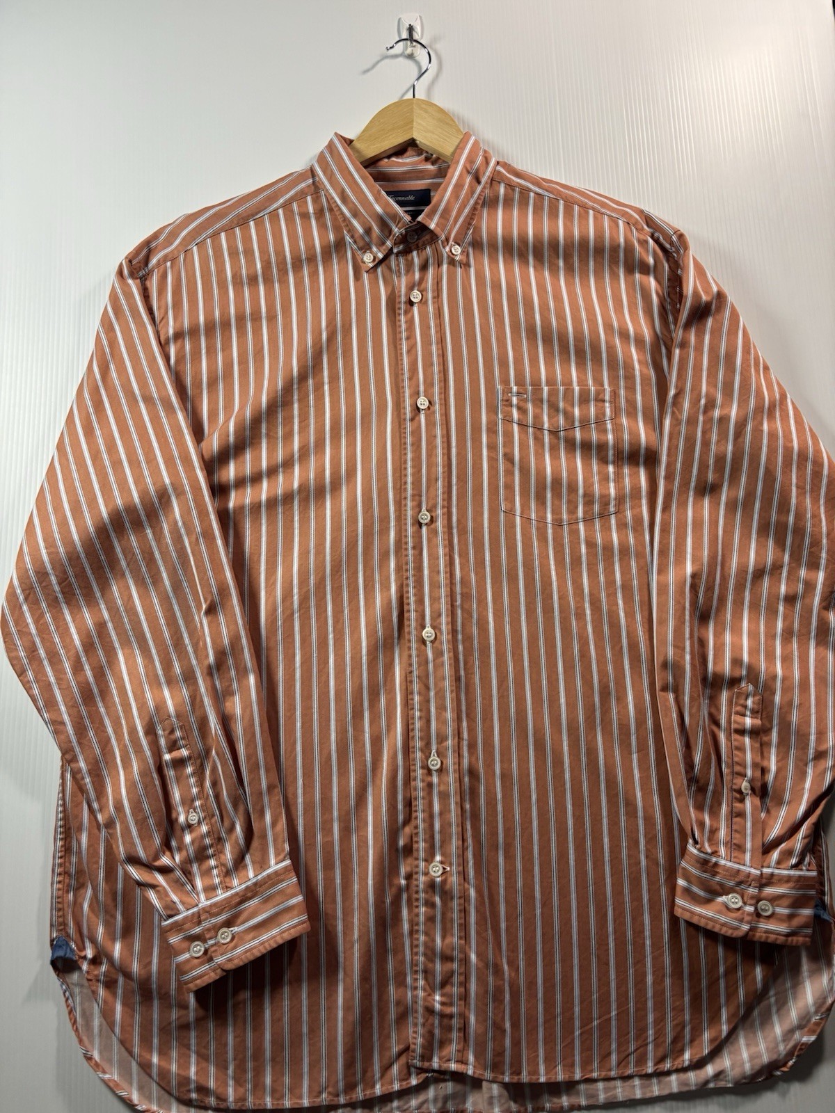 Faconnable Shirt Mens 2XL Orange White Blue Striped Woven Cotton BD LS Pocket