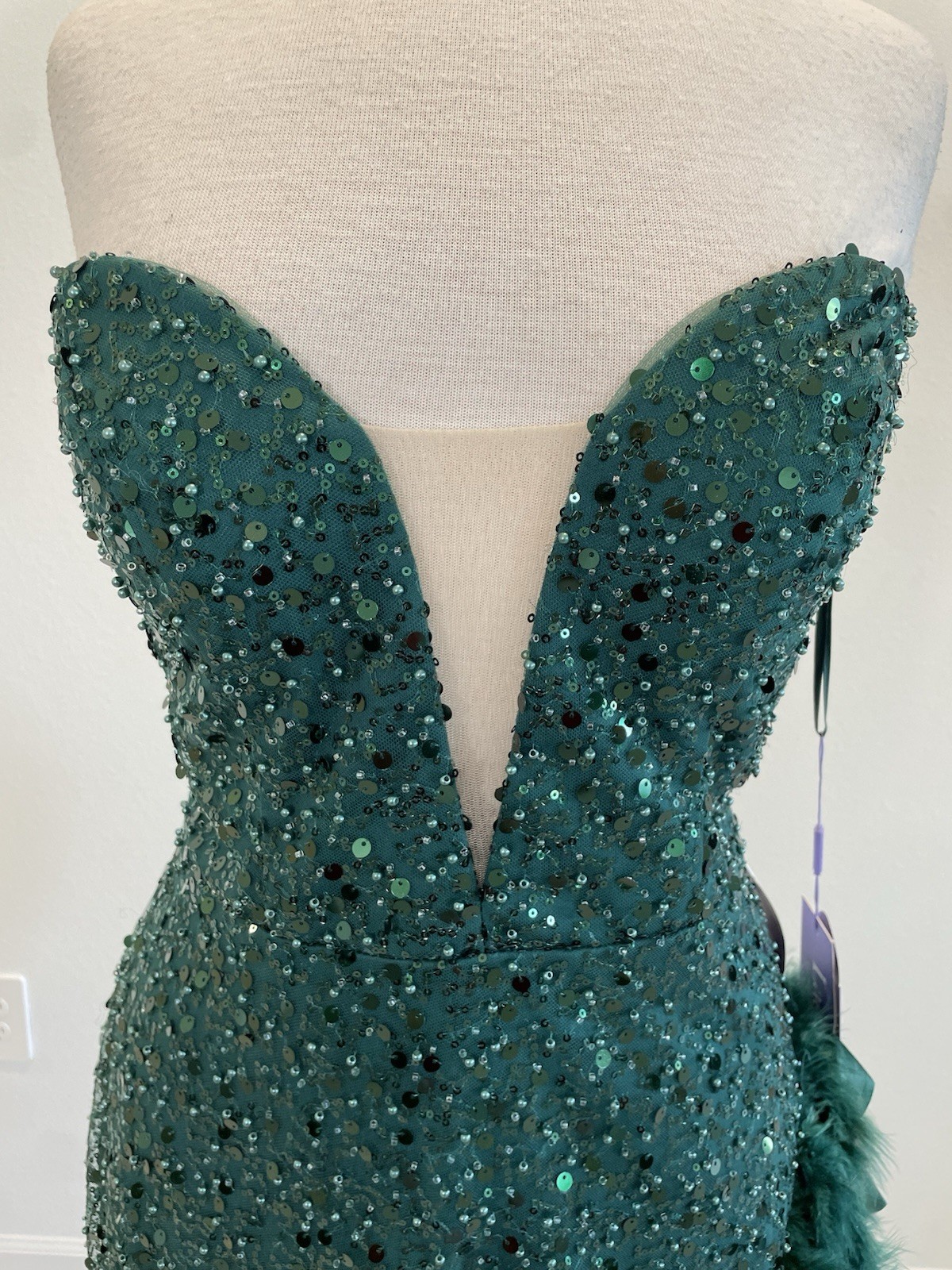 Ladivine by Cinderella Divine CD229 Emerald Sequin Feather Strapless Mermaid Go…