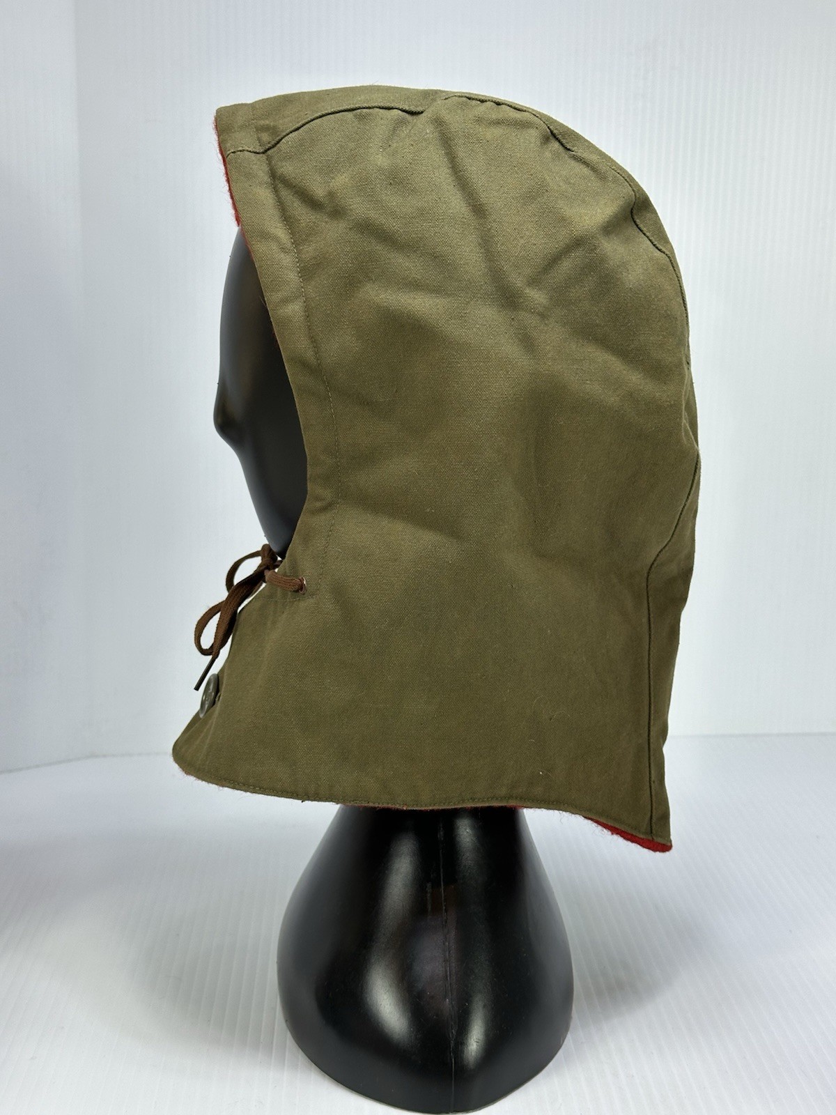 Vintage Button On Winter Hood With Drawstring Tie Green Red Fiber Lining