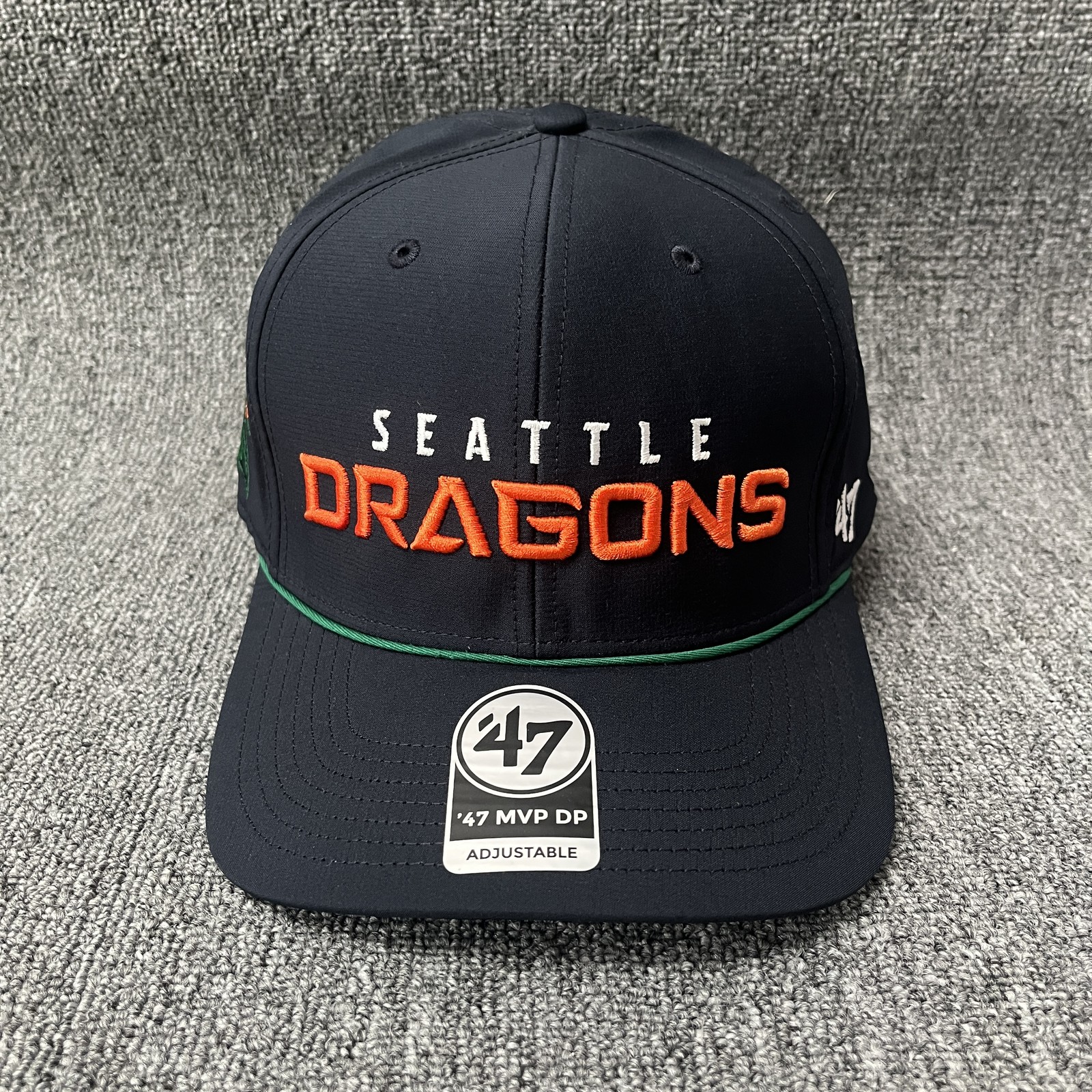 ’47 XFL Seattle Dragons MVP DP Adjustable Snapback Curved Brim Navy Orange Green
