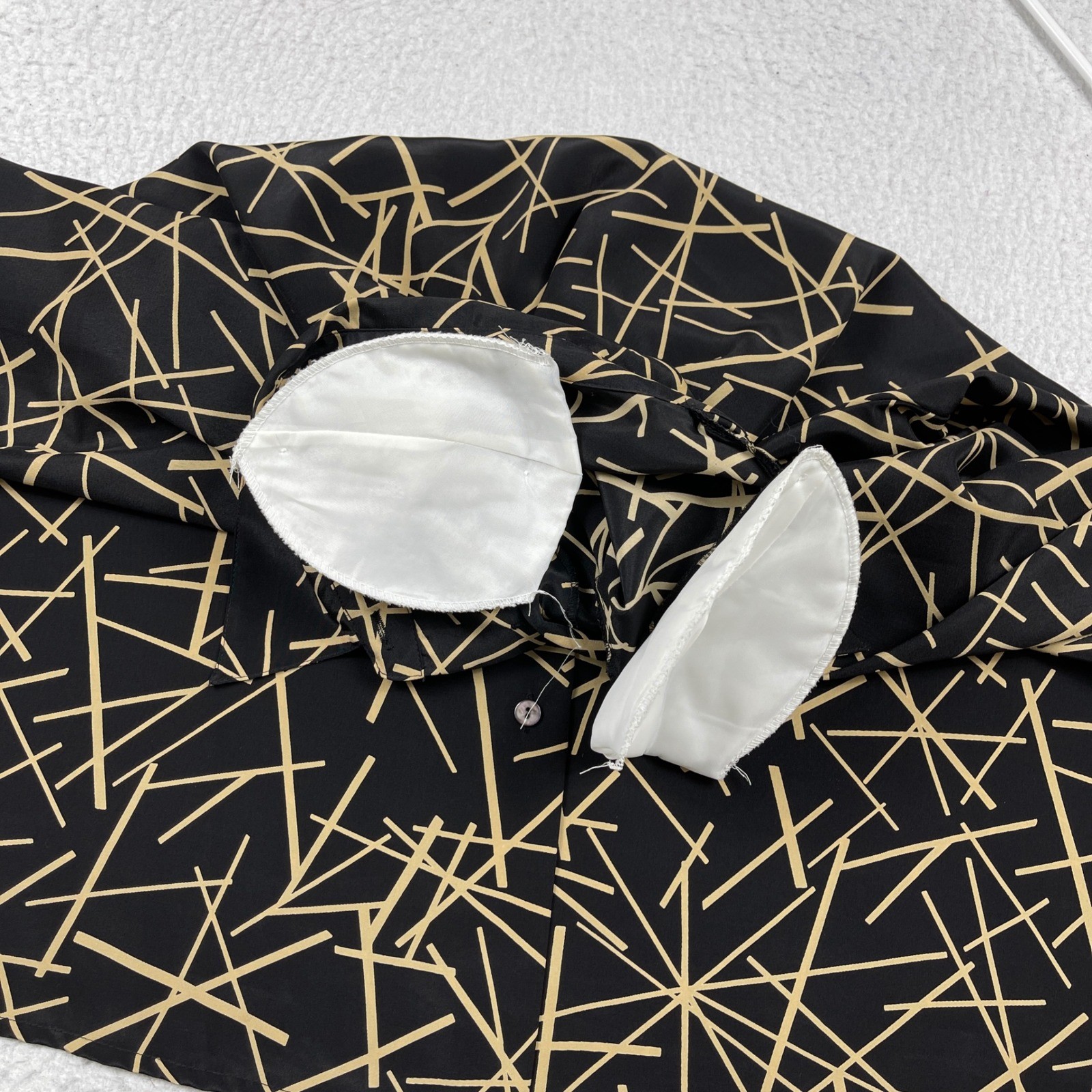 Notations Button Down Blouse Womens XL Black Tan Geometric Linear Shoulder Pads
