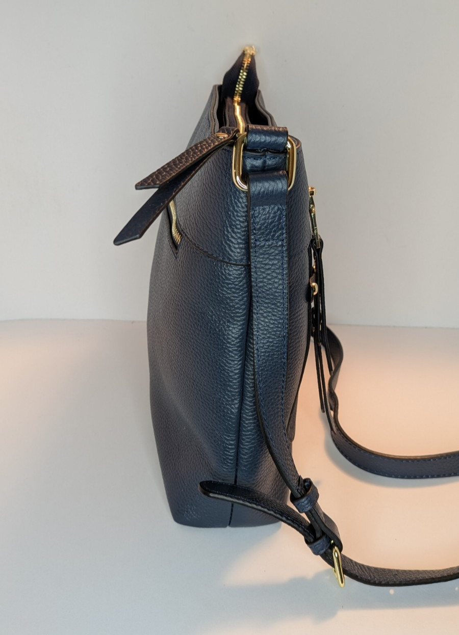 Over Earth Navy Blue Pebbled Leather Crossbody Bag Multi-Pocket Classic Everyday