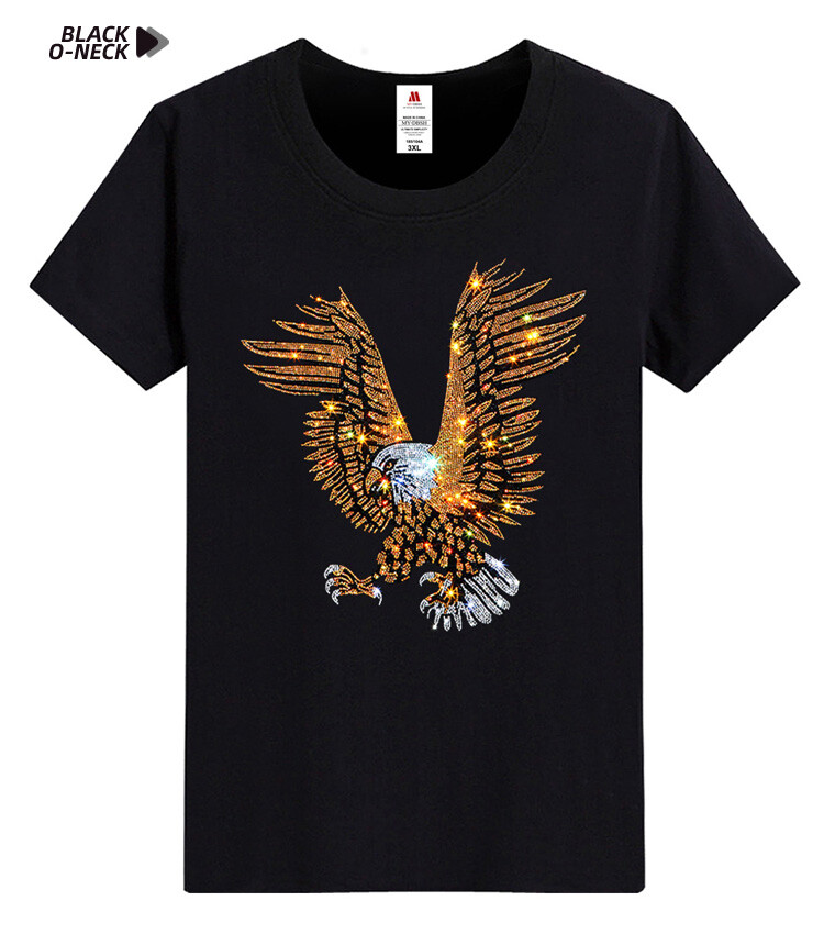 Men Fashion Diamonds T-Shirt Hawk Eagle 3D Rhinestones Hot Drill Short Sleeve
