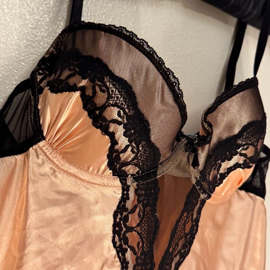 California Dynasty Pink Satin and Black Lace Cupped Babydoll Lingerie
