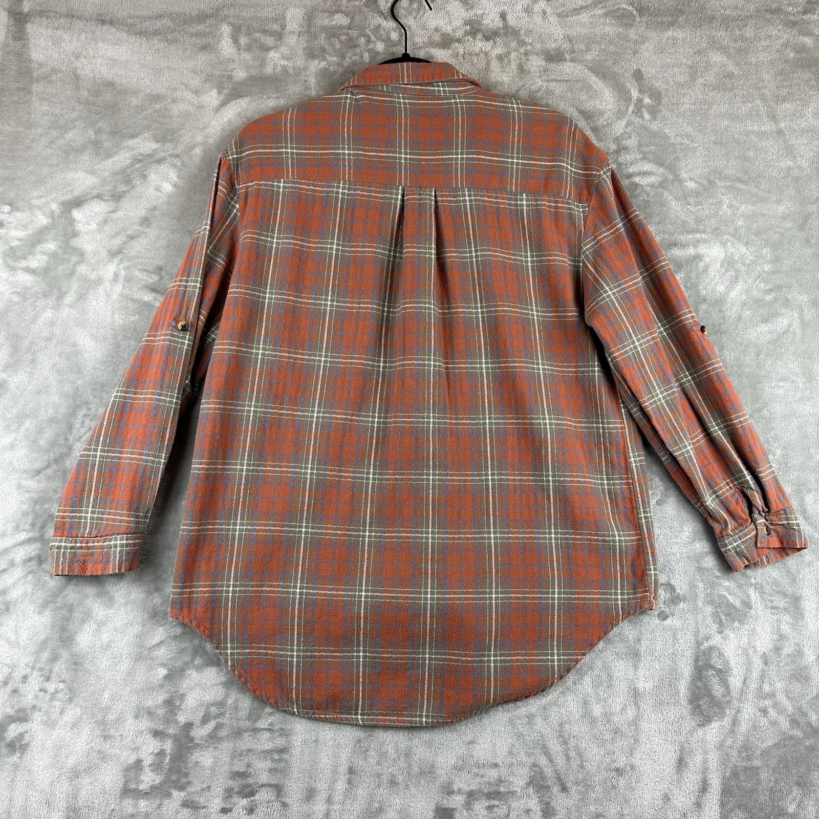 Love Notes Flannel Women’s L Orange Blue Plaid High Low Hem Roll Tab Sleeve