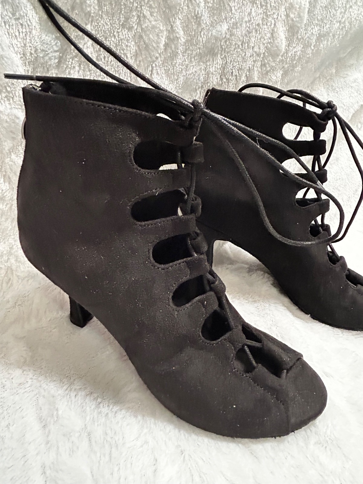 WOMENS BALLROOM DANCE SHOES SIZE 5.5 BLACK LACE UP FRONT OPEN TOE ZIP BACK