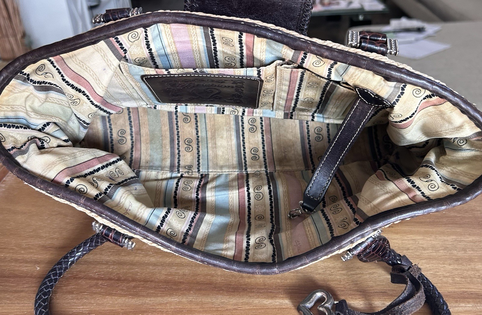 Brighton Savannah Elegant Brown & Tan Woven Handbag With Braided Leather Straps