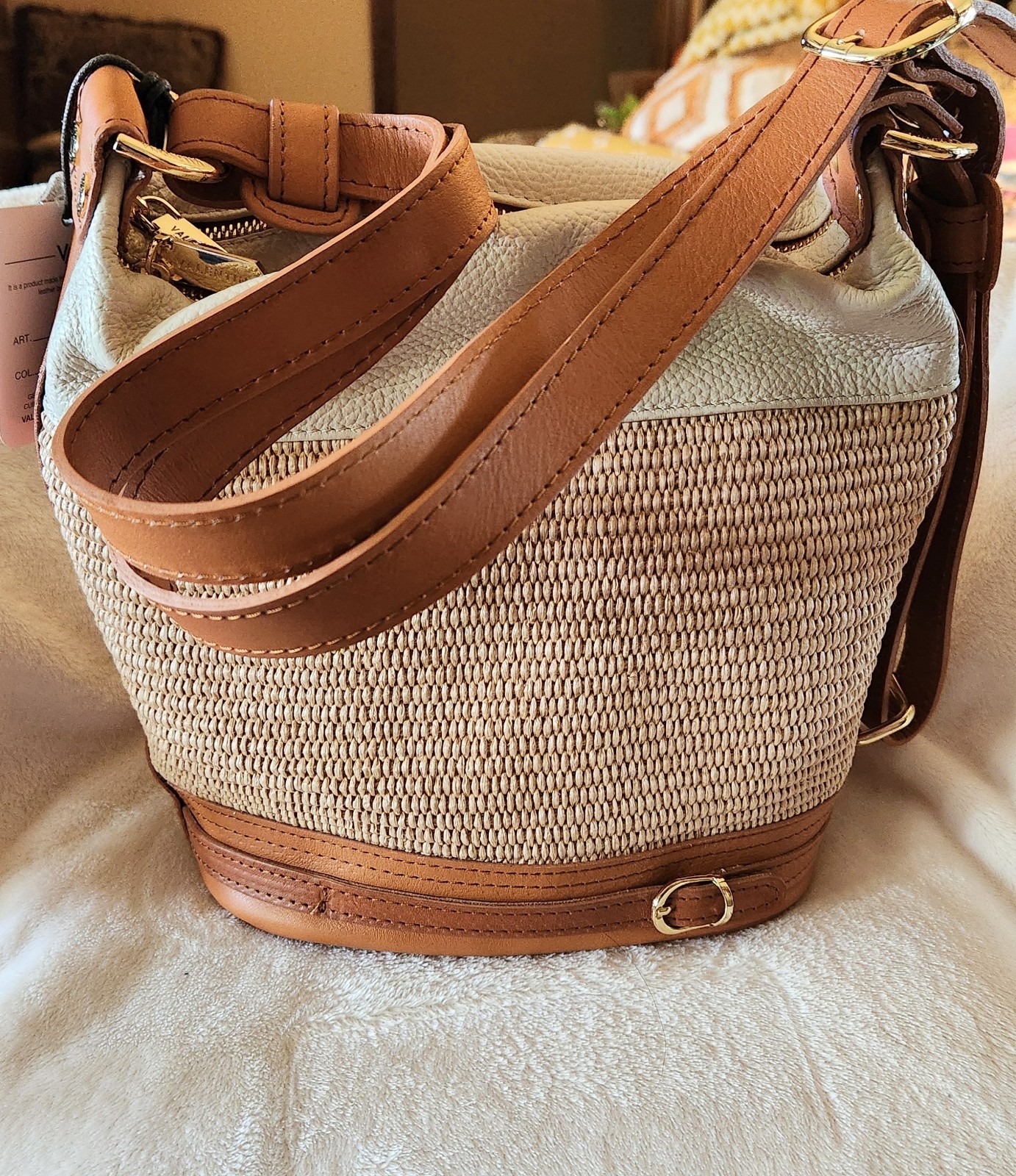 Valentina Italian Raffia & Leather Bucket Bag Latte & Cognac Trim NWT