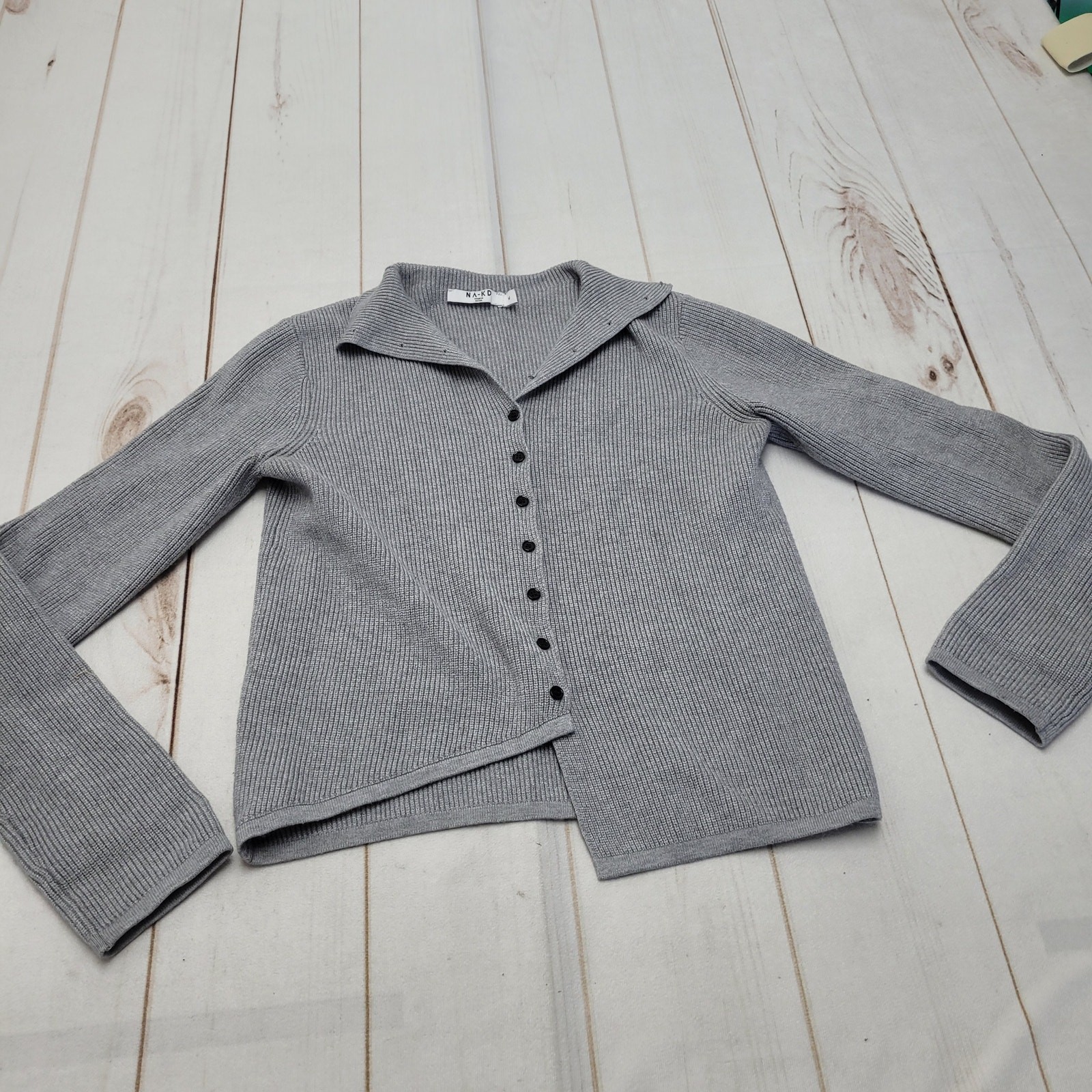 Na-Kd NAKD gray ribbed knit cardigan sweater asymmetrical minimalist medium