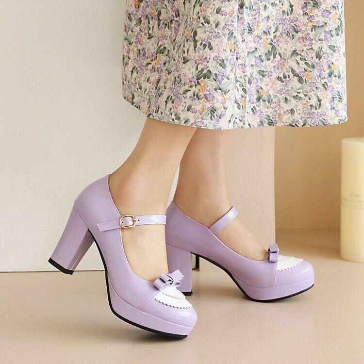 Womens Bowknot Platform Mary Janes Shoes Lolita Pumps Block Heels Fashion Shoes