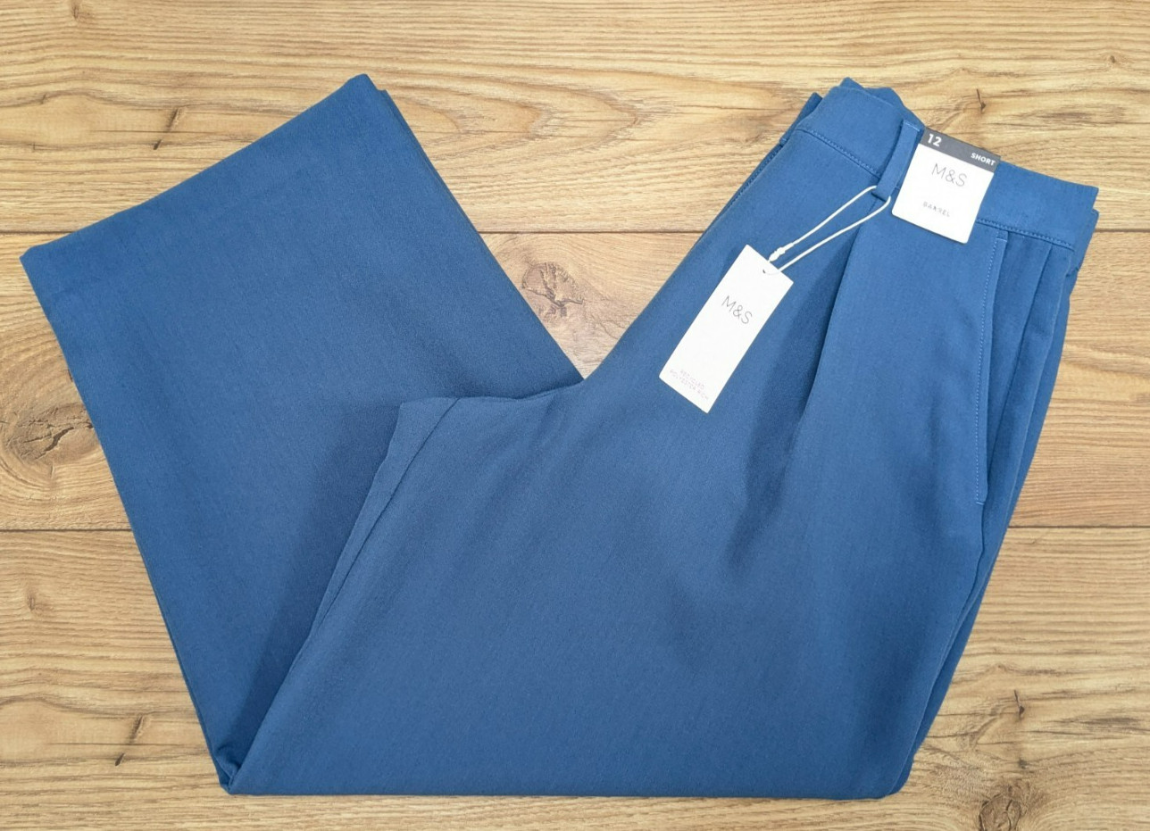 BNWT M&S BLUE Barrel Leg High Waist Pleated Smart TROUSERS UK 16 regular