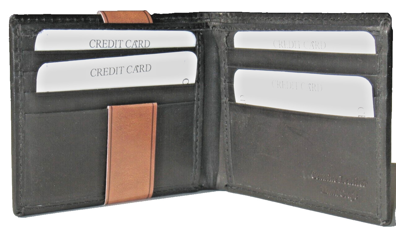 CL2602BL cow hide leather bifold wallet, 8 card slots, 2 money slots, black
