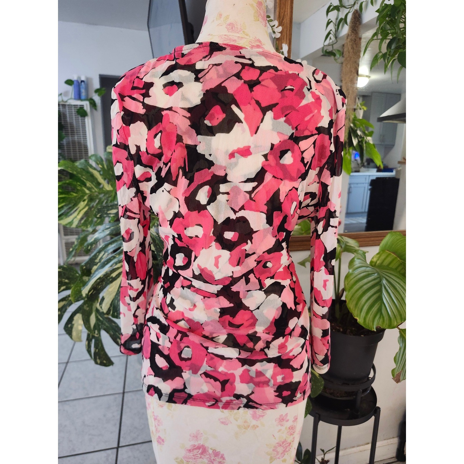 INC International Concepts Pink Floral Mesh Ruched Surplice Top XL Y2K