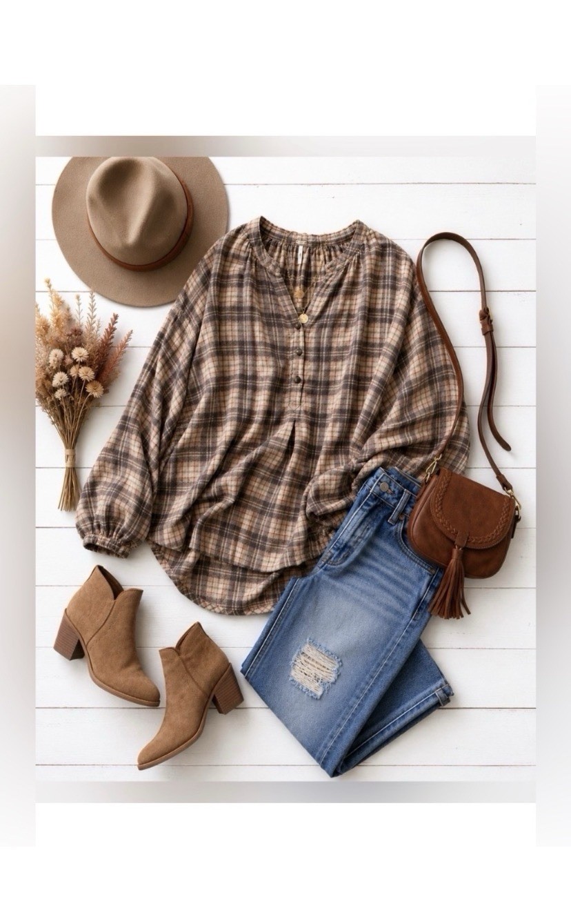 Free People Beige Plaid Oversized Boho Blouse Size Large
