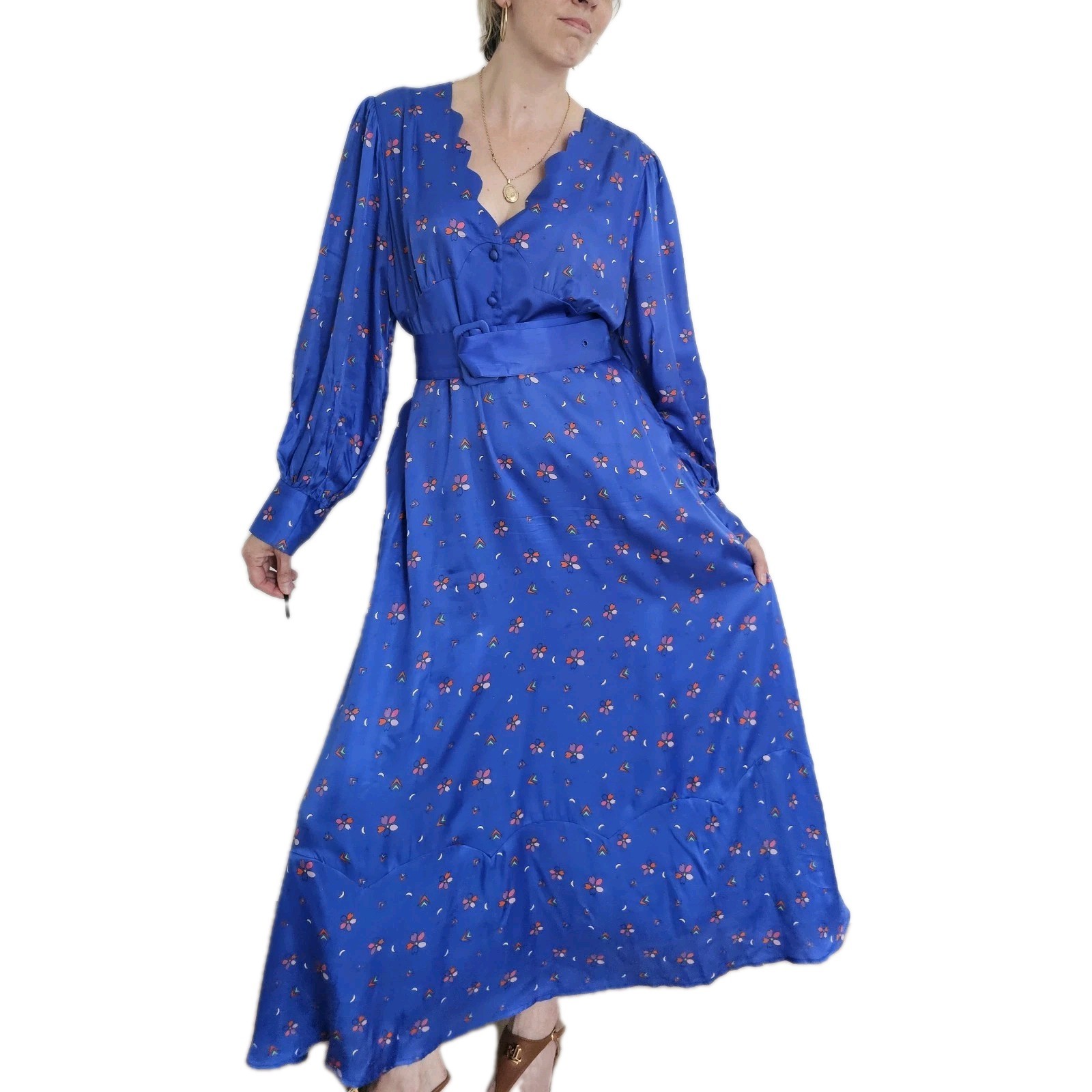 Olivia Rubin Katya Blue Ditsy Floral Silk Mix Satin Print Midi Dress UK 18
