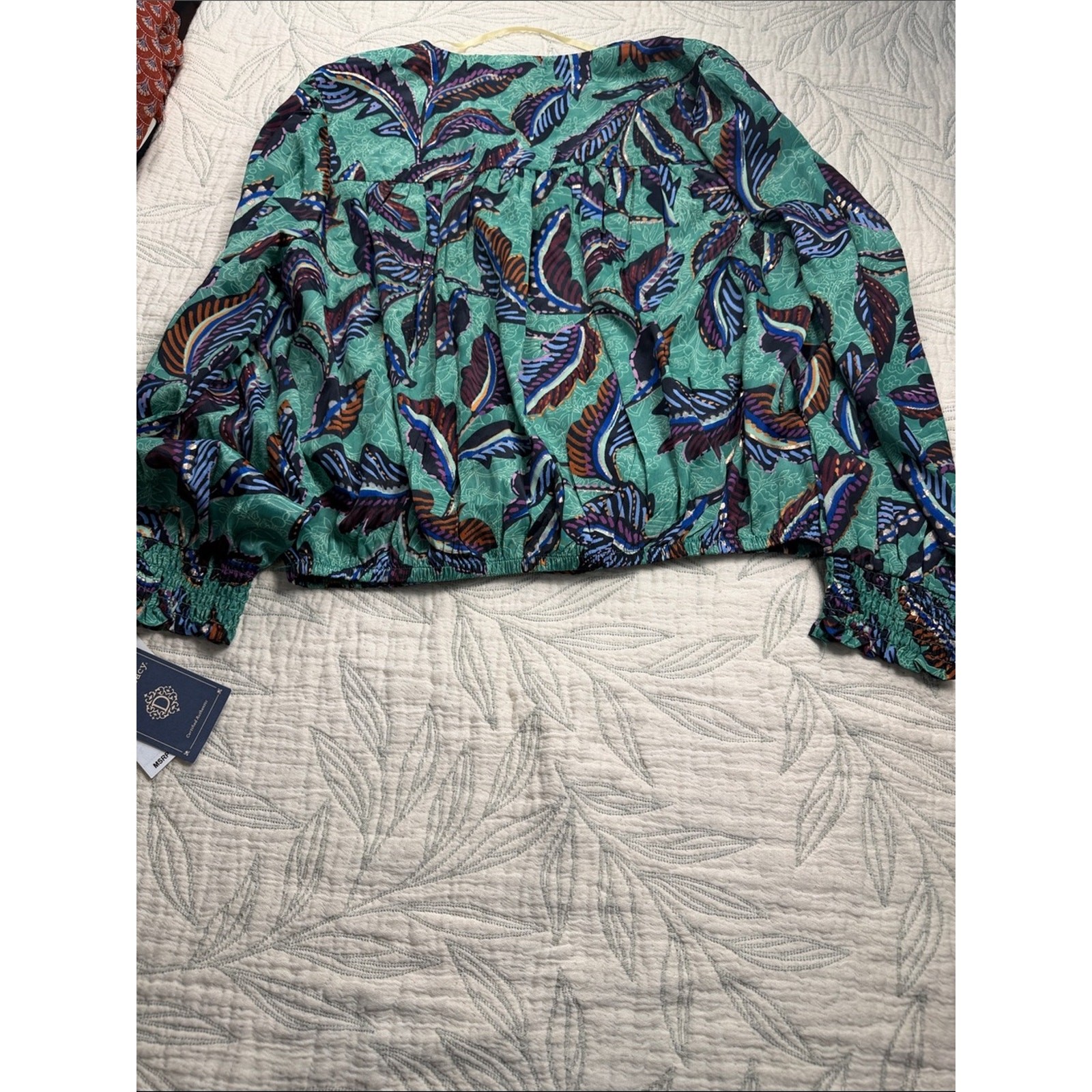 Women Boho tropical Leaf Print Cropped Blouse balloon sleeve Smoked Hem Top;PS