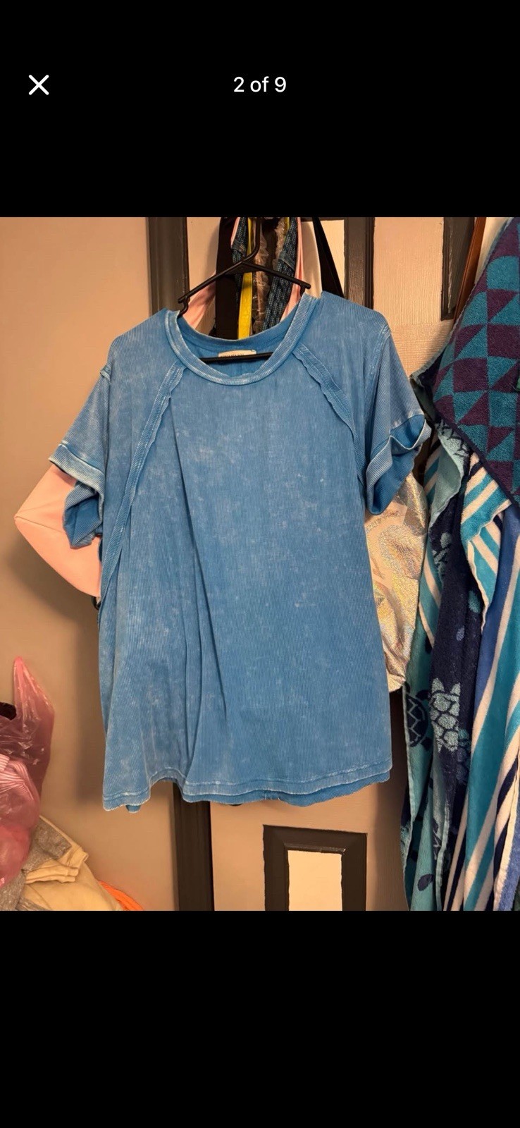 Zenana Blue Solid Knit Crew Neck Short Sleeve Pullover T-Shirt Women L/XL