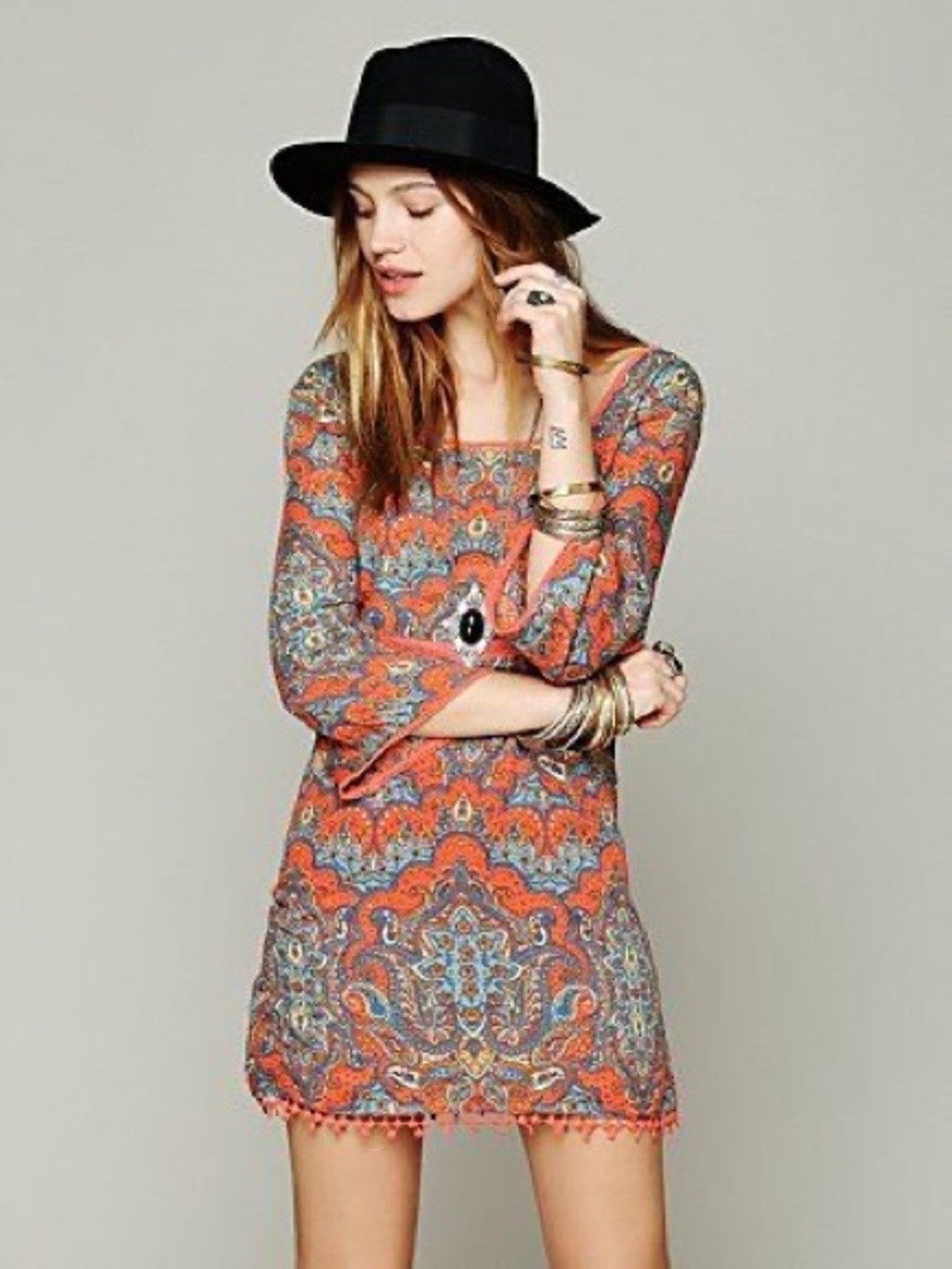 FREE PEOPLE Mini Dress Womens 2 Orange Blue Paisley Bell Sleeve Tunic $148 U924