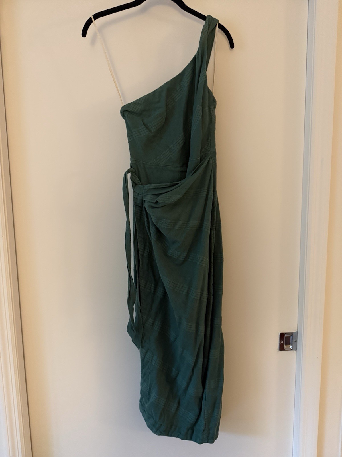 Free People Leisure Midi Dress One Shoulder Green Smocked Elastic Back Size XS