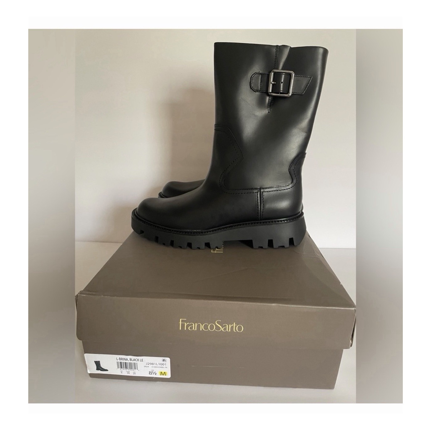Franco Sarto L-Brina Black Leather Buckle Zip Comfort Mid-Calf Biker Boots 8.5M