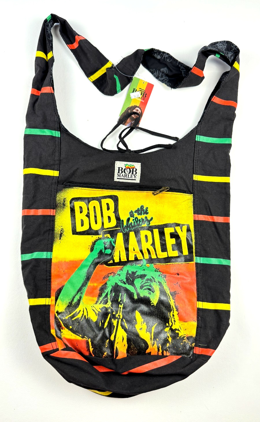 Bob Marley Drawstring Shoulder Bag Medium Graphic Print Rasta Colors Adjustable