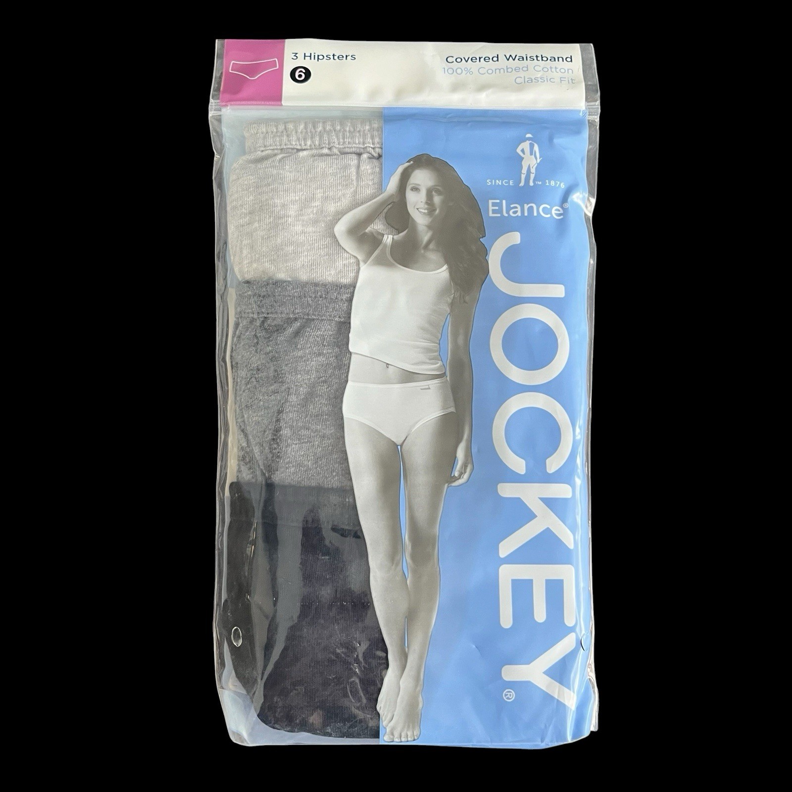3 JOCKEY Elance 100% Combed Cotton Hipster Hipsters Panties Size 6 Gray & Black