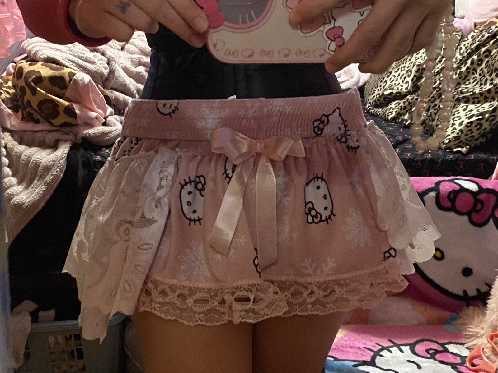 Handmade Warm Hello Kitty Sanrio Coquette White and Pink Lace Skirt With Bow