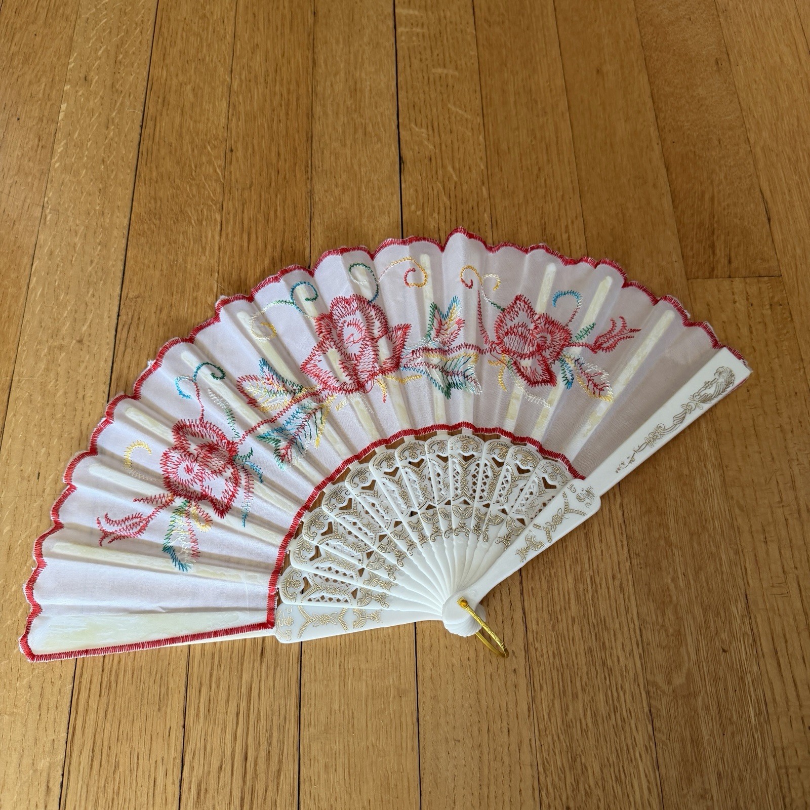 Accordion Fan Fold Out Floral Rose Pastel Fabric Embroidered Plastic Replica