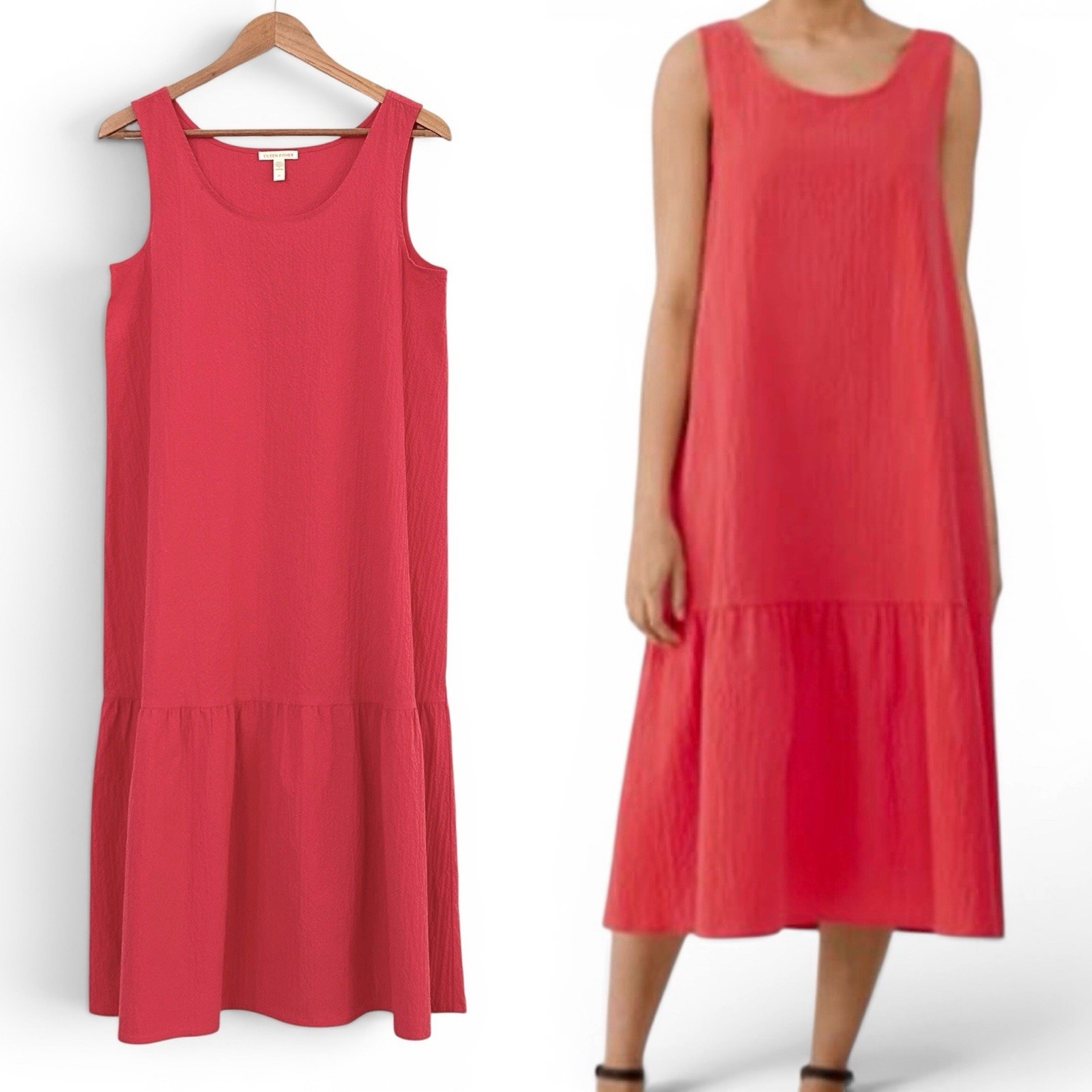 Eileen Fisher Women’s S Salmon Orange Sleeveless Cotton Pucker Tiered Dress NWOT