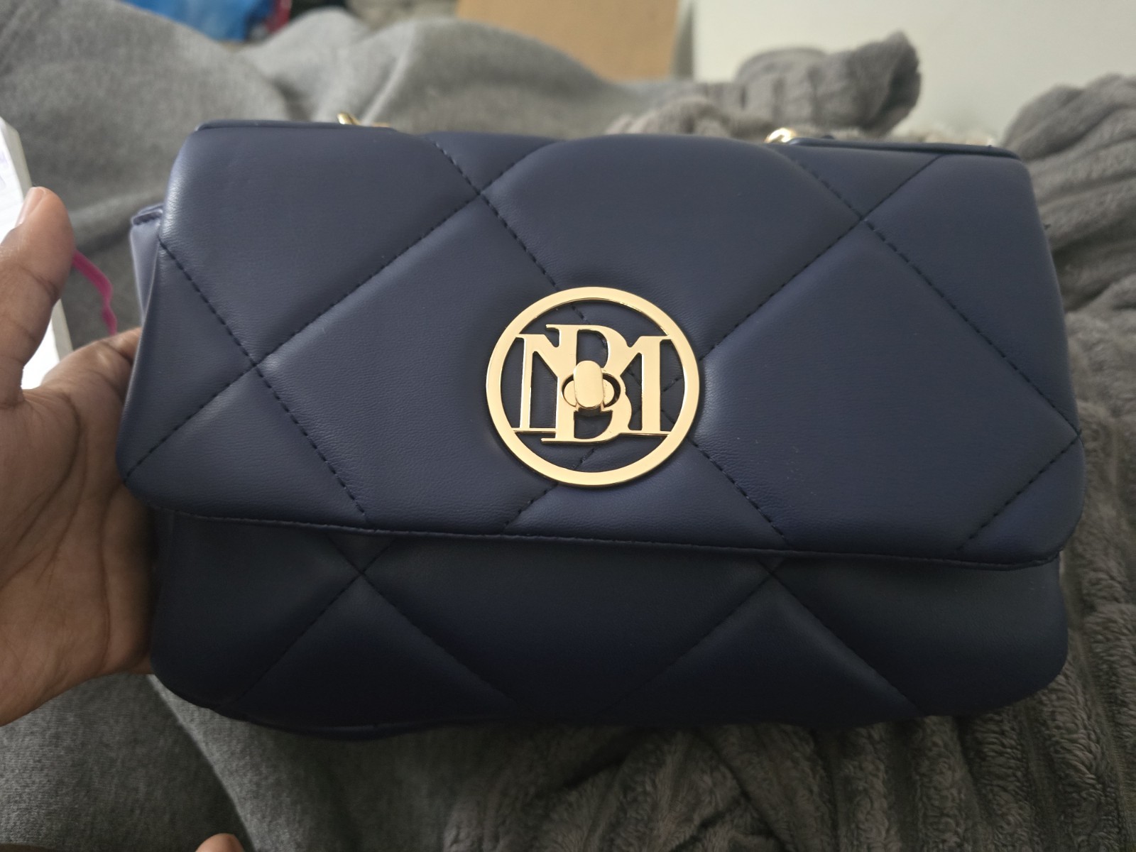 Badgley Mischka Small Navy Quilted Crossbody Bag Gold Chain Strap Turn Lock