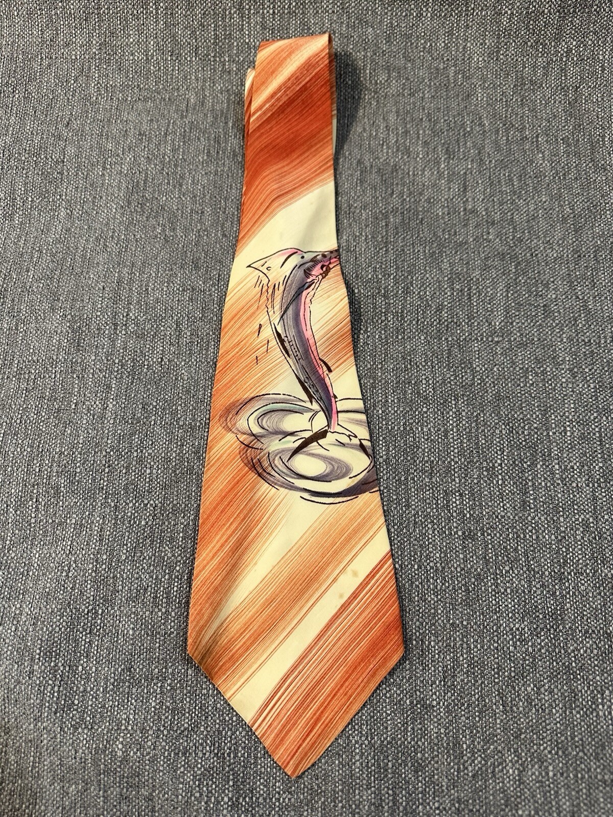 Vintage Tie Hand Painted Art Deco Brush Strokes Orange Fish Nautical Rockabilly