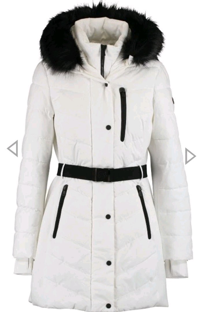 Michael Kors Women’s Belted Hooded Puffer Coat Faux Fur Trim Size S Retail $300