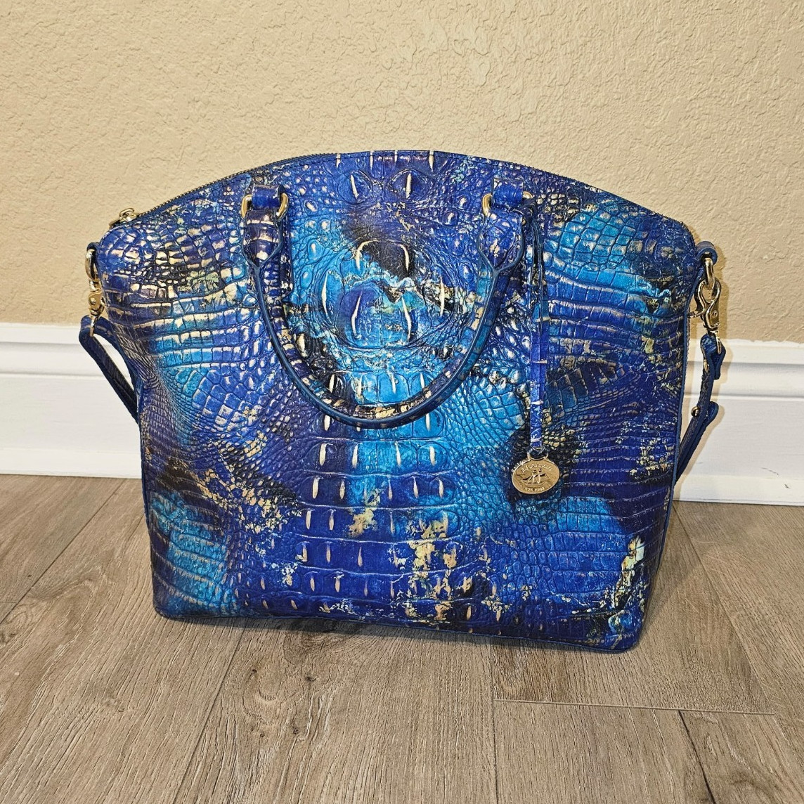 Brahmin Blue Embossed Satchel Top Handle Bag w Detachable Crossbody Strap