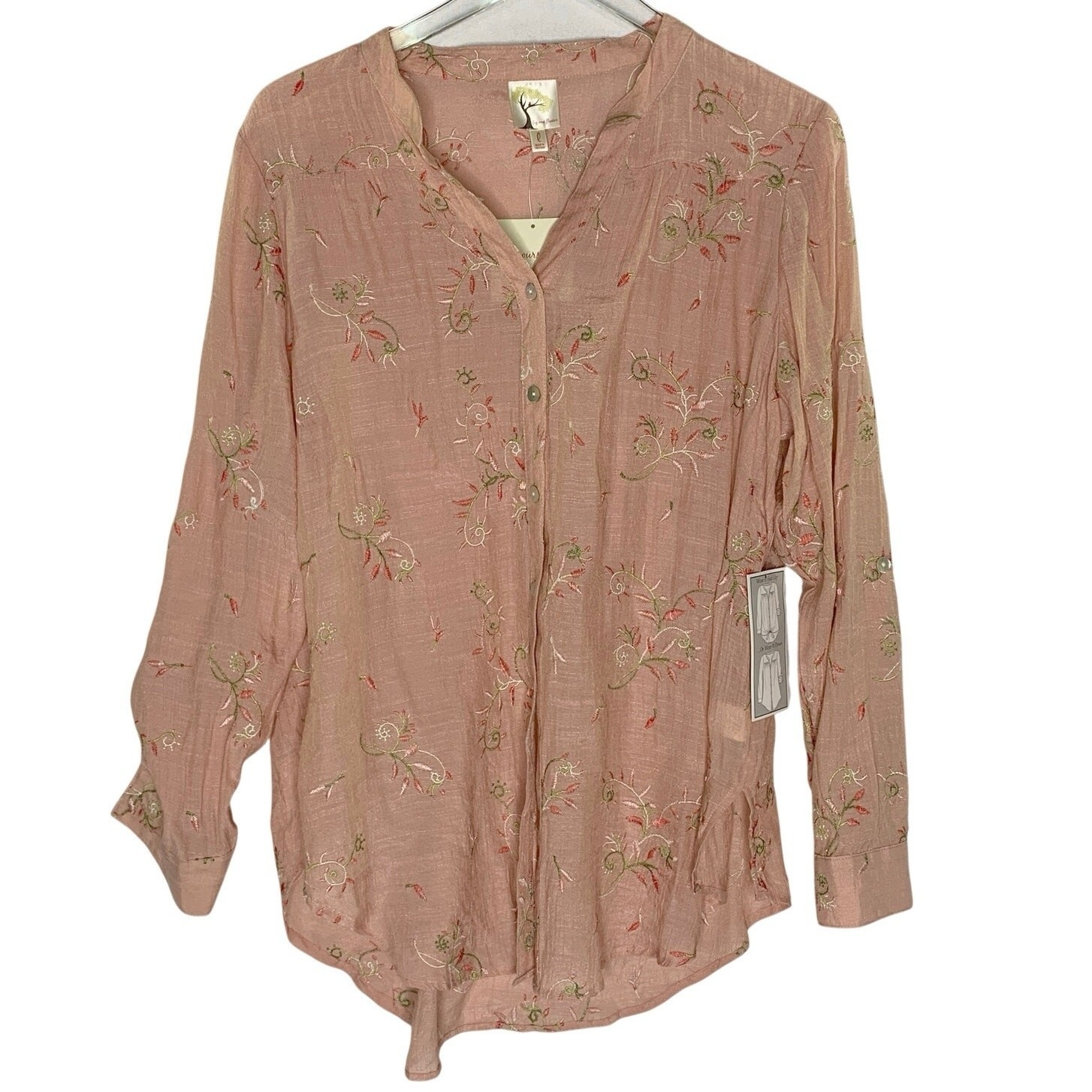 Fig And Flower Pink Floral Embroidered Blouse Shirt Boho Hippie Tunic L NEW