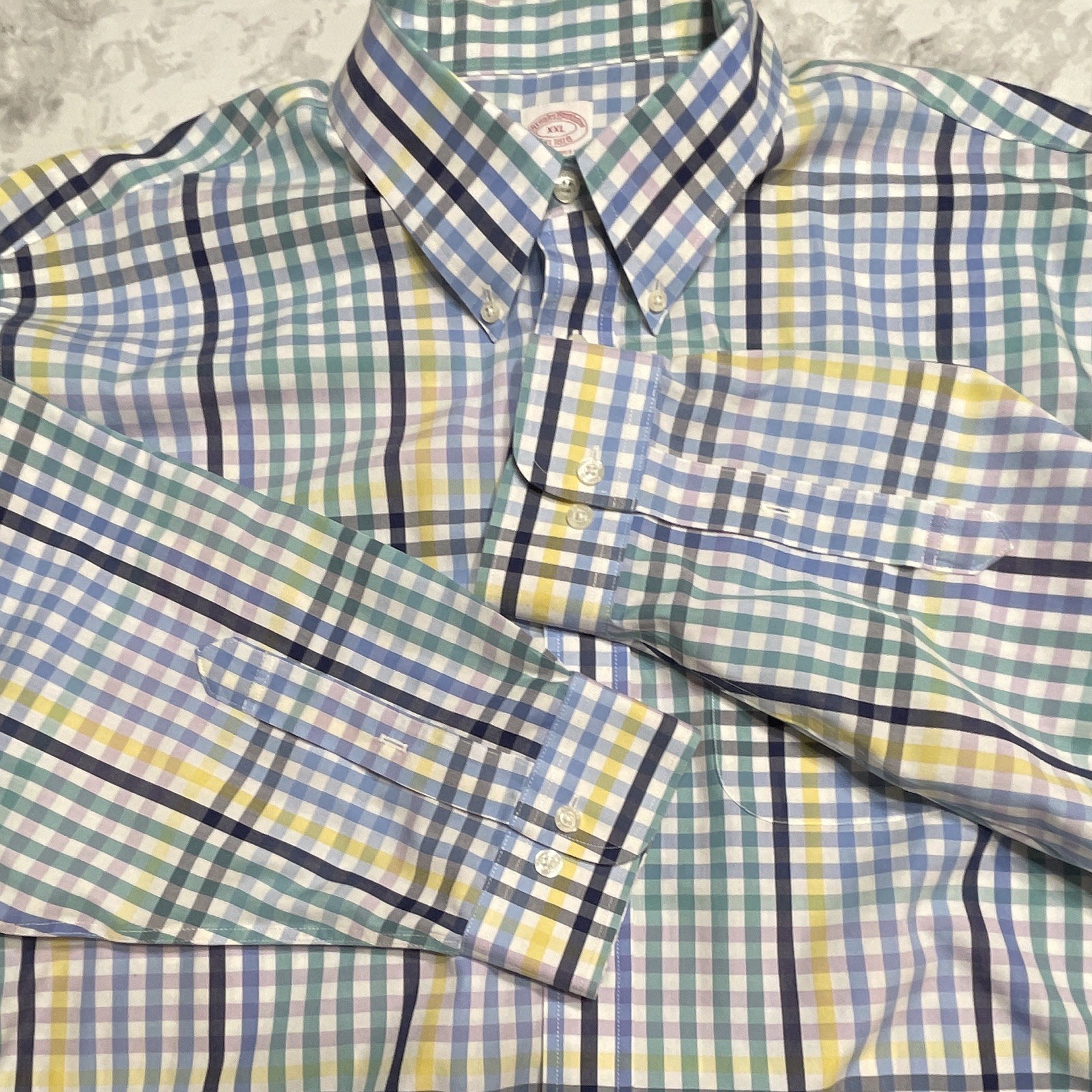 Brooks Brothers 1818 Supima Cotton Men’s XXL Blue/Green/Yellow Plaid NonIron🌵🪸