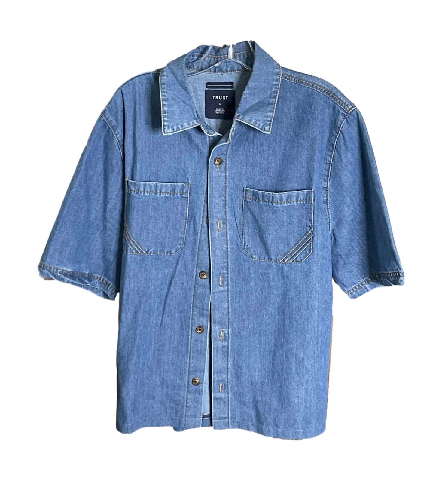 Mens Large Blue Denim Button Up Shirt Cotton Blend